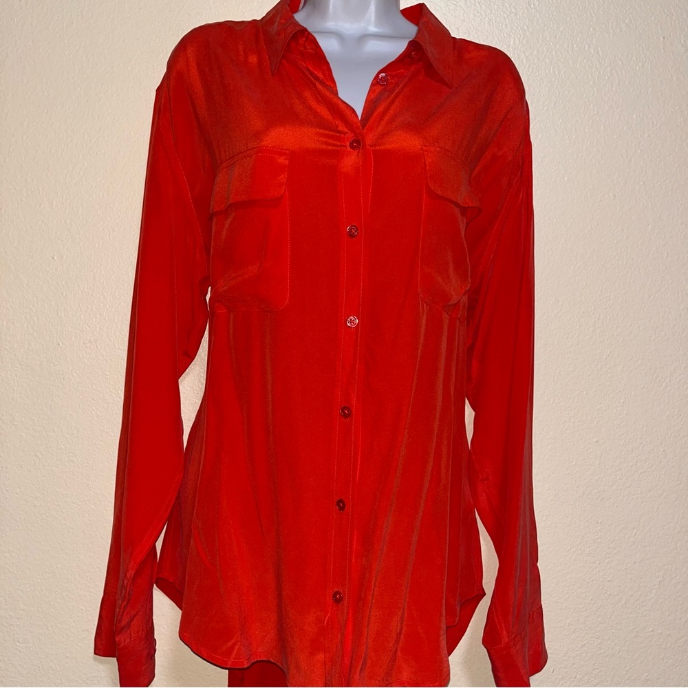 Equipment Femme Signature sz L 100% Silk Blouse Top Button Up Shirt Bright Red